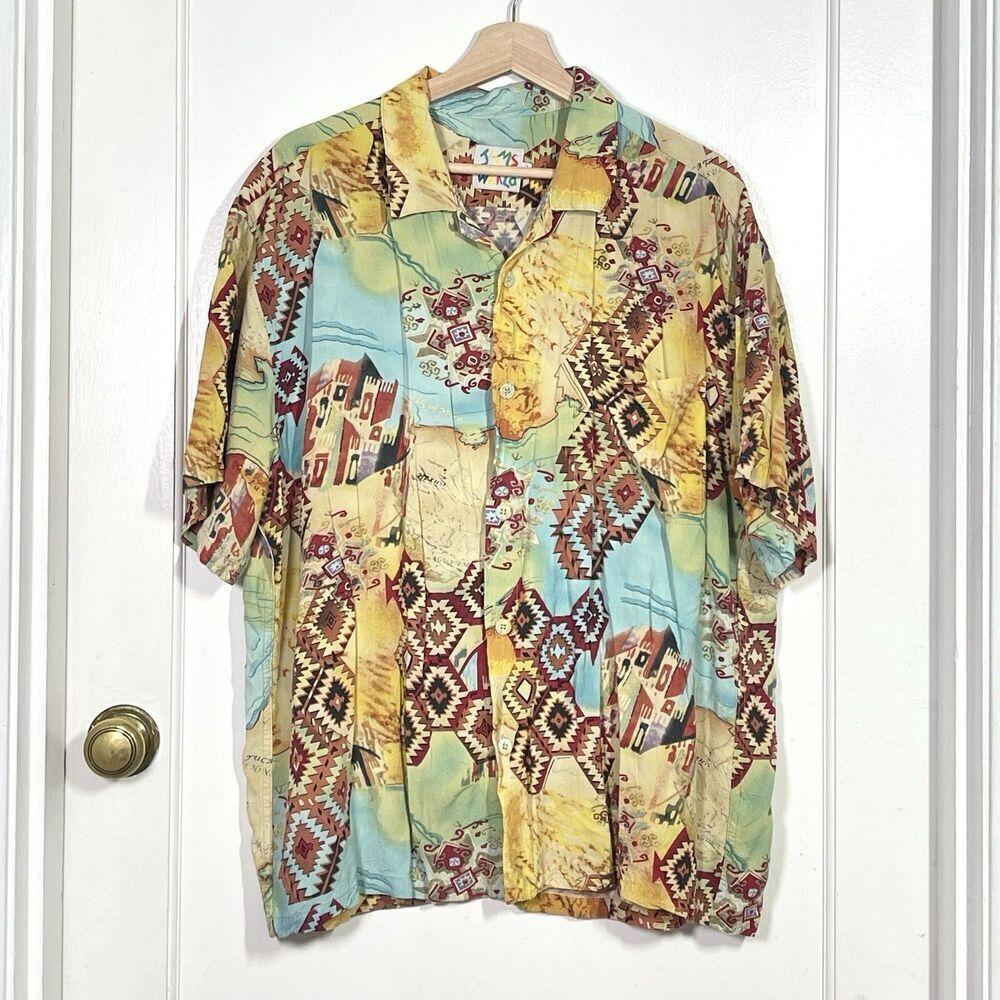 Vintage Jams World Puerta Del Sol Hawaiian Aztec Shirt Geometric Mens Size XL